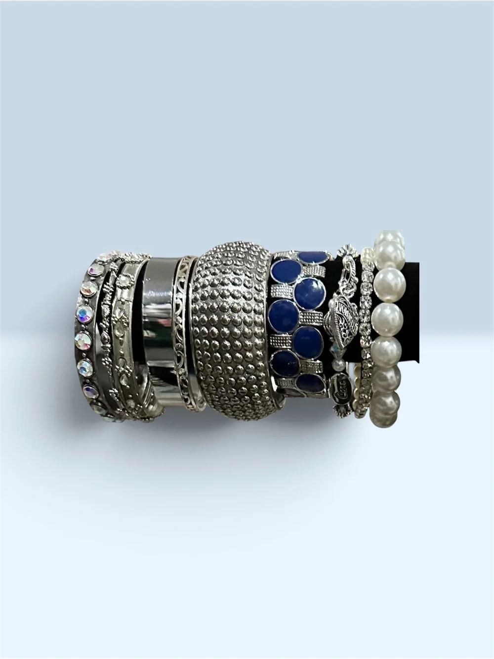 Signature Faith Custom Silver Navy Blue Bracelet Stack Pearl Rhinestone Boho 10p